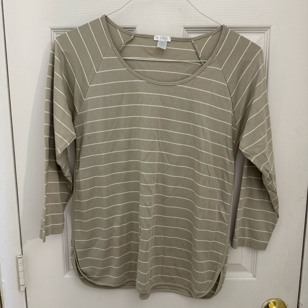 LAKE 100% Pima Cotton Pajama Shirt Size Small Tan Striped Scoop Neck Long Sleeve